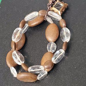 Layered Plastic Bead Stretch Bracelet Bronze Charm